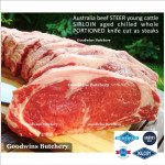 Beef Sirloin AGED BY GOODWINS Australia STEER young cattle (Striploin / New York Strip / Has Luar) frozen brand Harvey/Midfield STEAK 2cm 3/4" (price/pack kg 4-5pcs)